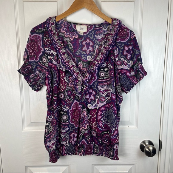 ECI Tops - eci New York Multi Purple & Gray Blouse Elastic Waist Hem Ruffles Women’s Size 8